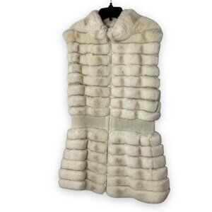 Shirred Sculpted Rabbit Fur Vest, Cream, Sz S, Defined Knit Waist, Pockets